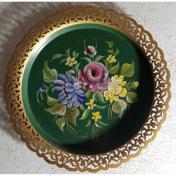 Vintage Nash Co Floral Toleware Metal Hand Painted Floral tray